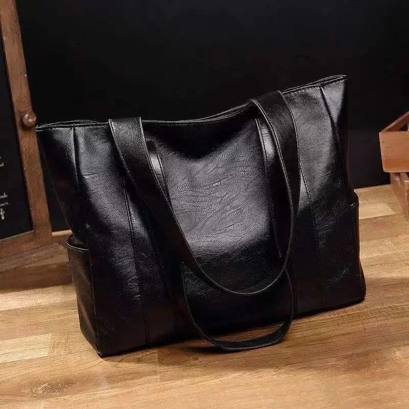 Female Big Soft Leather Satchel Bag Classic Solid Color Simple Casual Large Capacity Tote Single Shoulder Bag Purses and Handbag