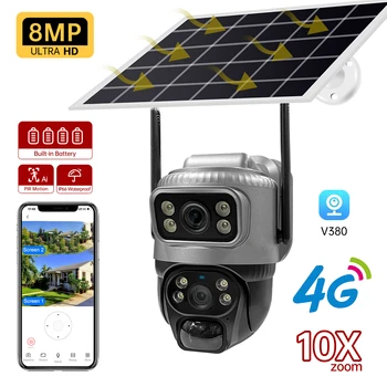 V380 Dual Lens 4G Camera Solar PIR Human Detection Night Vision Waterproof Security Video IP Camara 8MP 4K Battery CCTV Monitor