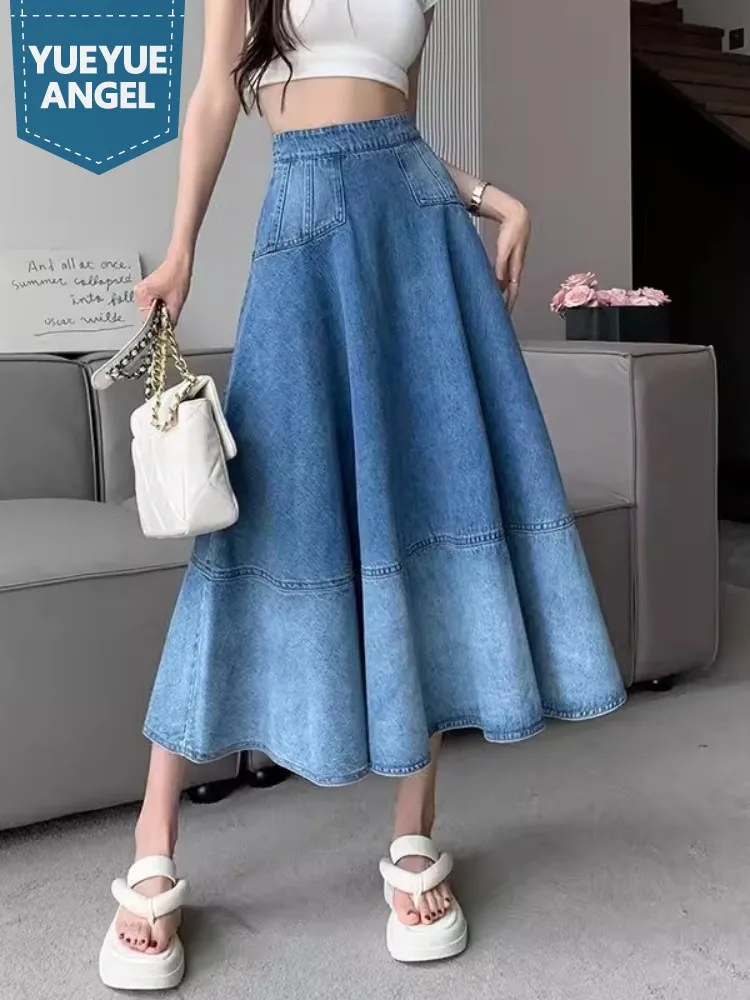 

Vintage Gradient Color Denim Skirt Women Zipper High Waist Long Skirts High Street New Spring Summer Fashion A-Line Skirt Female