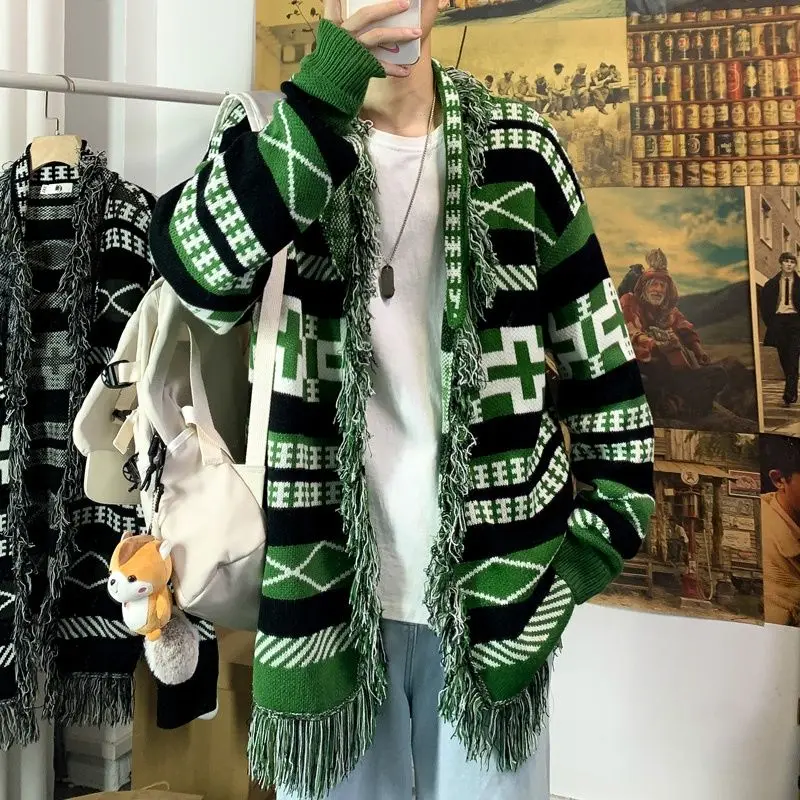 

Men Leisure Loose High-quality Style Design Geometric Green Tassels Of Lazy Sense Fashion Printing New Cardigan Japan