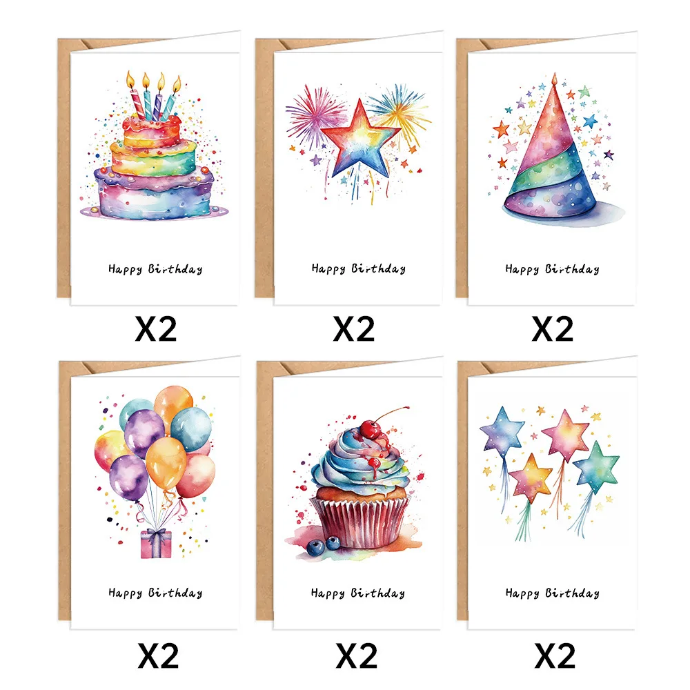 24pcs Watercolor Birthday Cards Birthday Party Decoration Kids Favors Greeting Cards Wedding Birthday Baby Shower Party Supplies