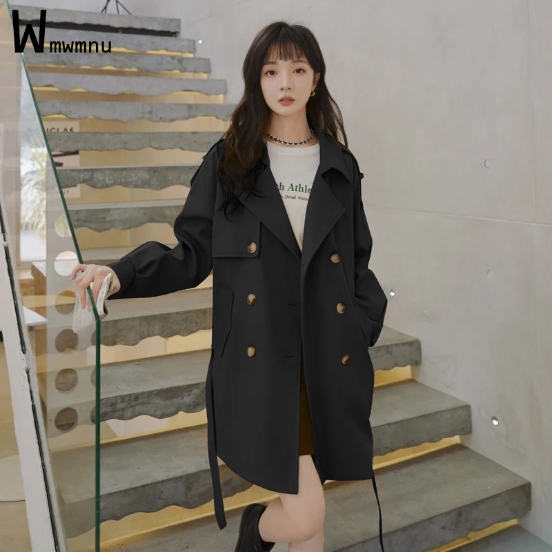 

Women Spring Autumn Classic Black Middle Long Trench Coats Ladies Casual Full Sleeve Double Breasted Belted Tunic Windbreaker