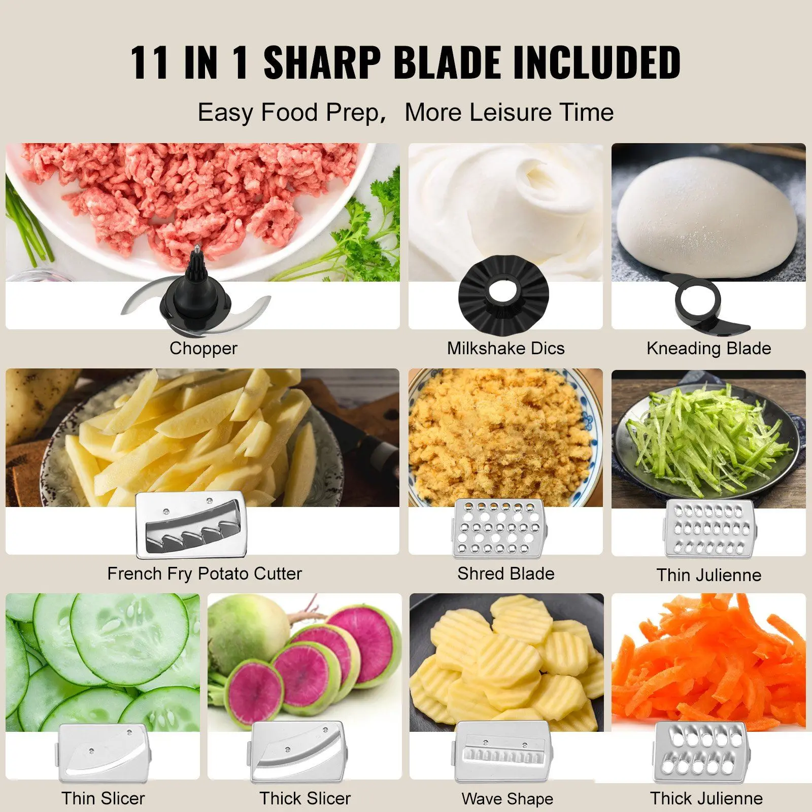 VEVOR Food Processor, 9-Cup Vegetable Chopper for Chopping, Slicing, Shredding, Puree, and Kneading, 600 Watts Stainless Steel B