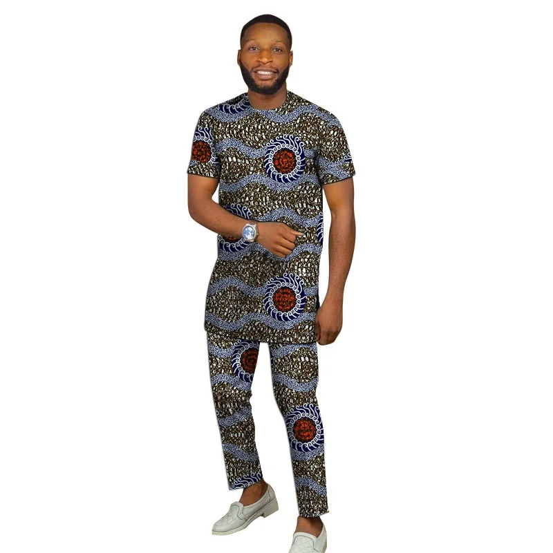 African Print Men's Set Short Sleeve Tops With Pant Nigerian