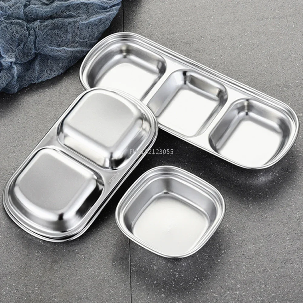 1/2/3/4 Grids Stainless Steel Seasoning Dish Korean Metal Barbecue Sauce Dipping Dish Plate BBQ Restaurant Kitchen Tableware