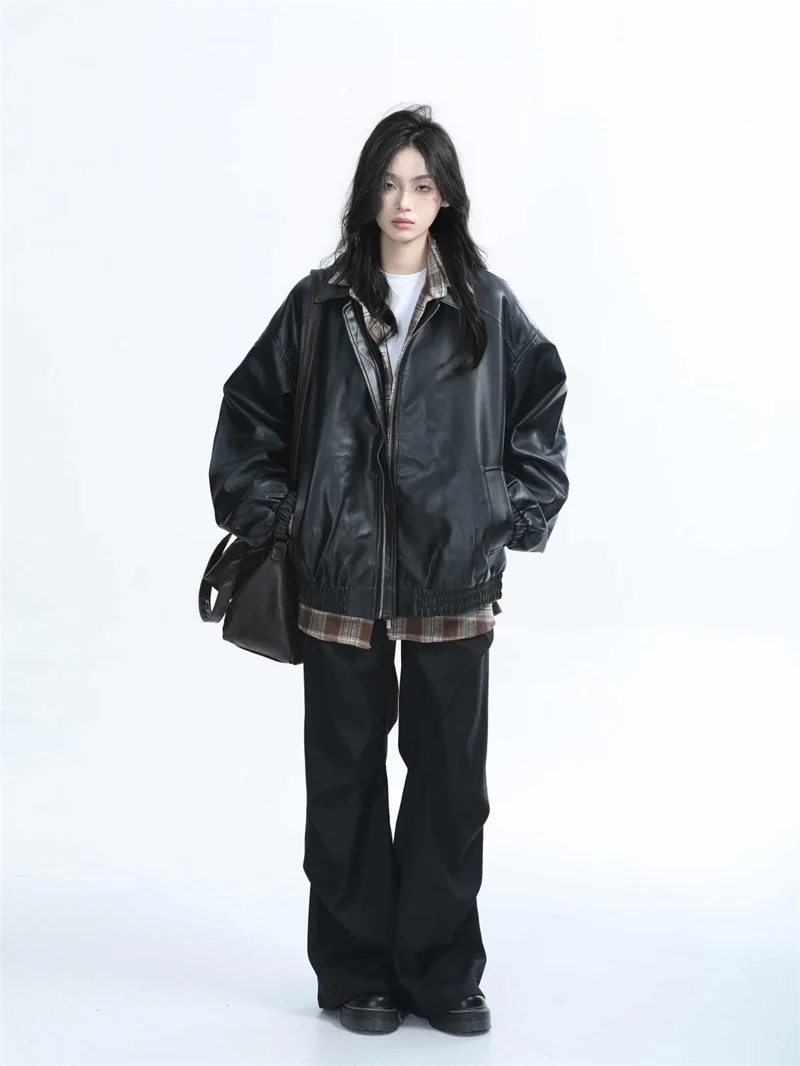 2026 New Brown Locomotive PU Leather Jacket For Women Autumn American Retro Loose Jacket Trend Brown Leather Jacke Women Trend