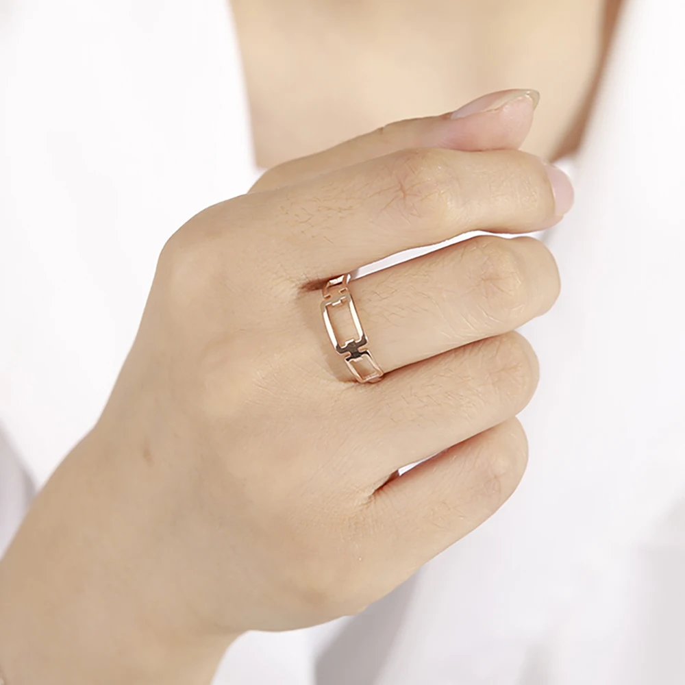 Skyrim Einfache Rechteck Kette frauen Ring Kpop Edelstahl Rose Gold Farbe Finger Ringe Mode Schmuck Geschenk Großhandel – Detail 12