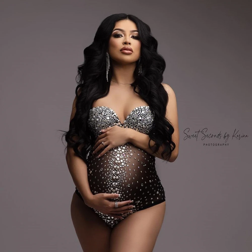 StretchyMeshMaternityPhotoshootBodysuitWithCrystalsShiningRhinestonePregnancy