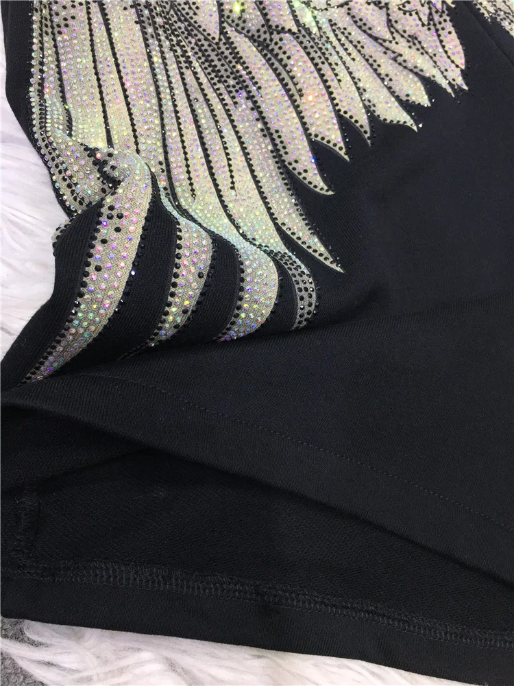 Heavy Industry Rhinestone Wings Black Elastic Waist Shorts Female 2023 Summer High Waist Wide Leg Shorts for Women Booty Shorts