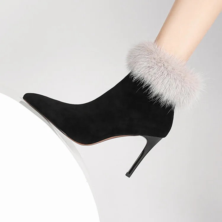 

Luxury Mink Fur Women Ankle Boots Sexy Pointed Toe Short Winter Botas Black Suede Thin High Heels Dress Party Botines Femmes