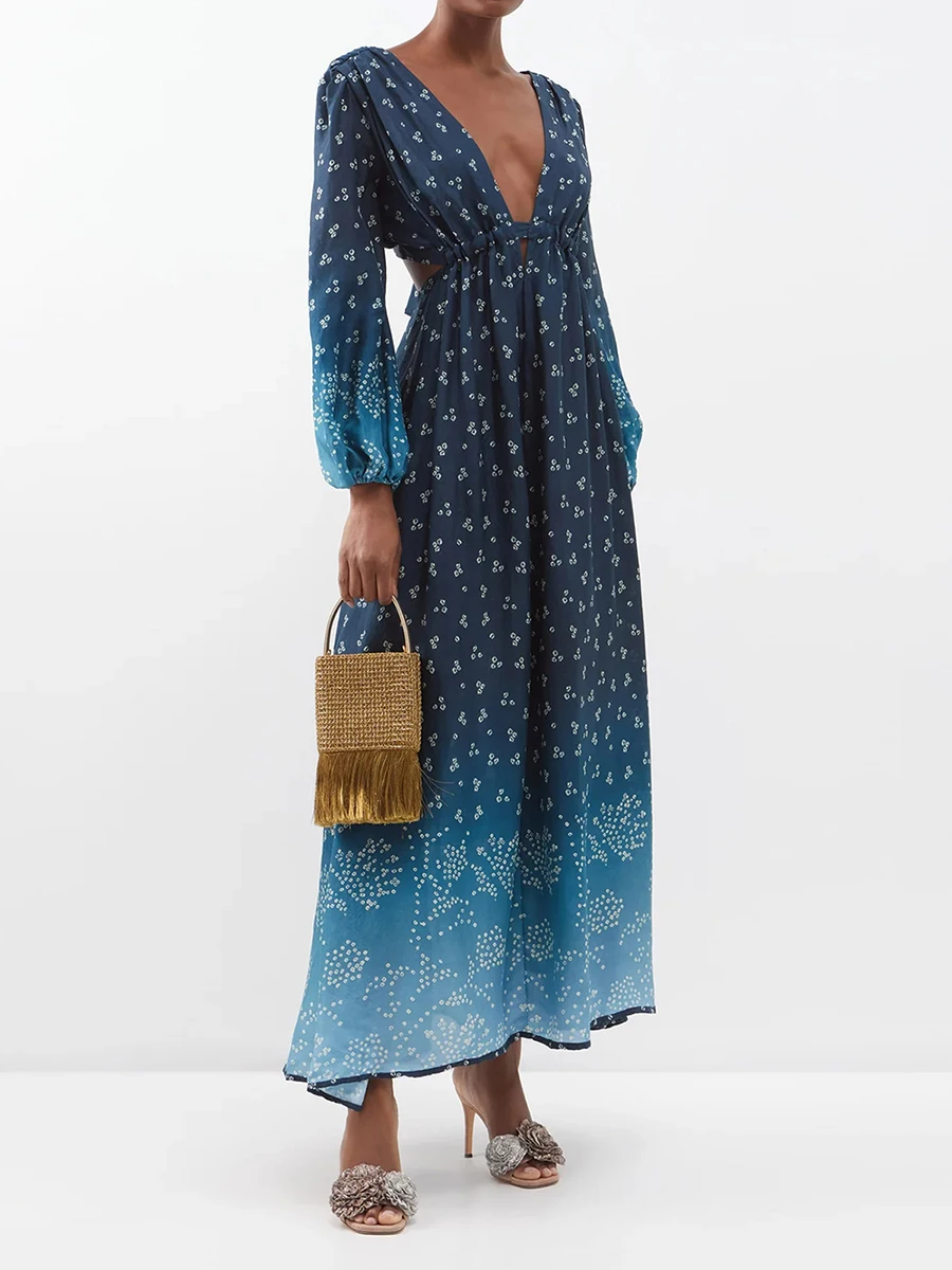

fashion vintage Women Floral Print Deep V-Neck Long Sleeve Tie-Up Backless Boho Long Dress Casual Holiday Dress vestidos