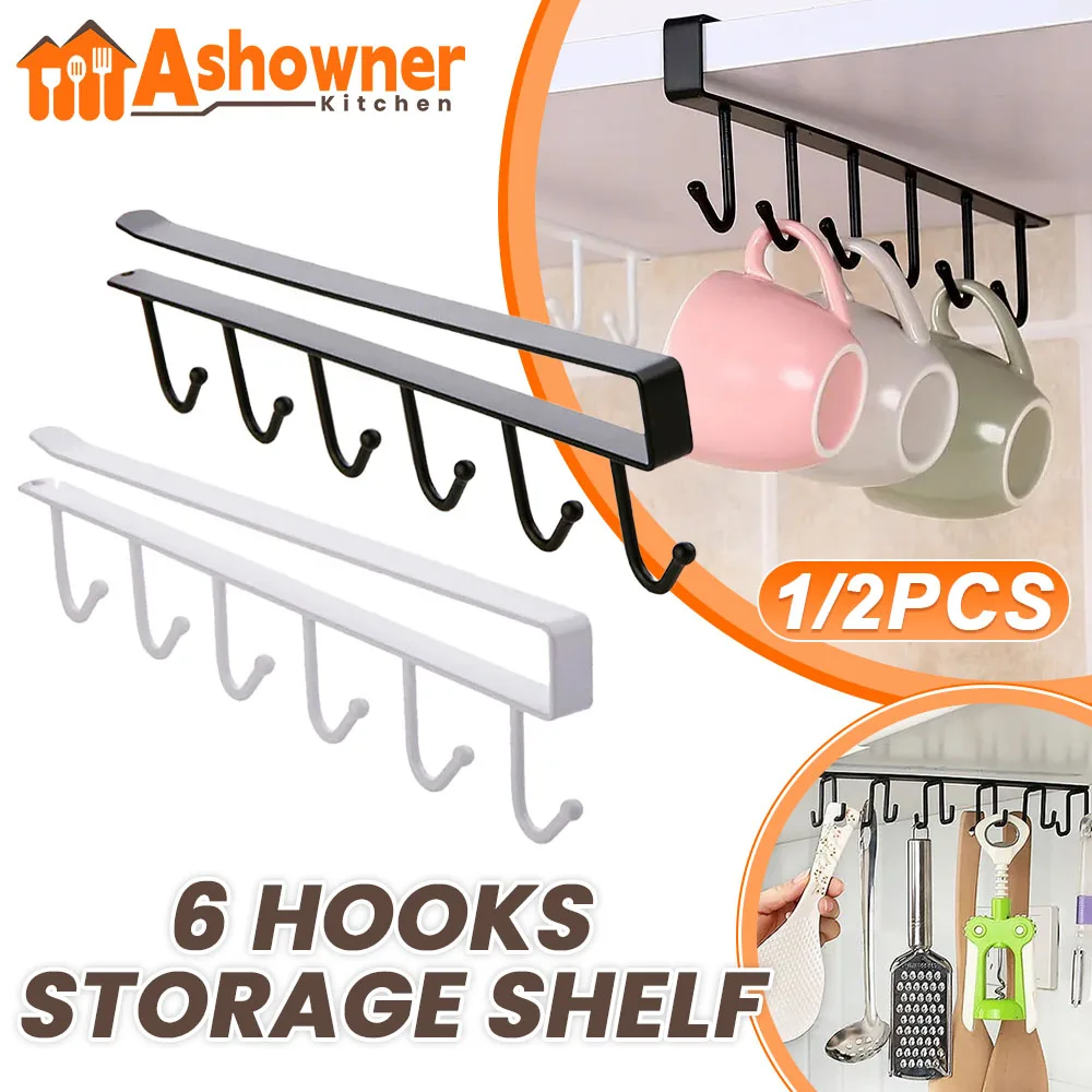 

Iron 6 Hooks Mug Cup Hanger Storage Shelf Wardrobe Cabinet Metal Under Shelves Bathroom Kitchen Hooks for Hanging Rack Holder
