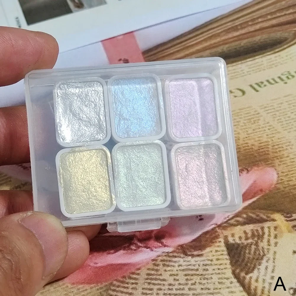 6 색 쉬머 솔리드 수채화 세트 레트로 페인팅 진주 빛 금속 캔디 색상 아트 페인팅 드로잉 네일 디자인 세트