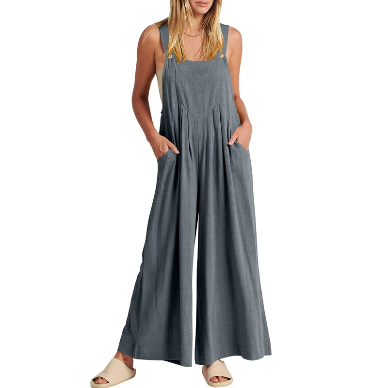Women Vintage Solid Loose Pockets Cotton Linen Jumpsuits Outfit Summer Fashion Sleeveless Straight Pleated Overalls Rompers Ropa