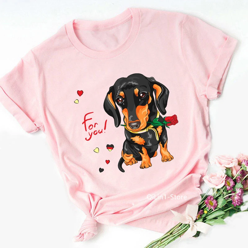 Футболка женская розовая с принтом «такса», винтажная тенниска с коротким рукавом, повседневная майка для влюбленных собак, уличная одежда, на лето