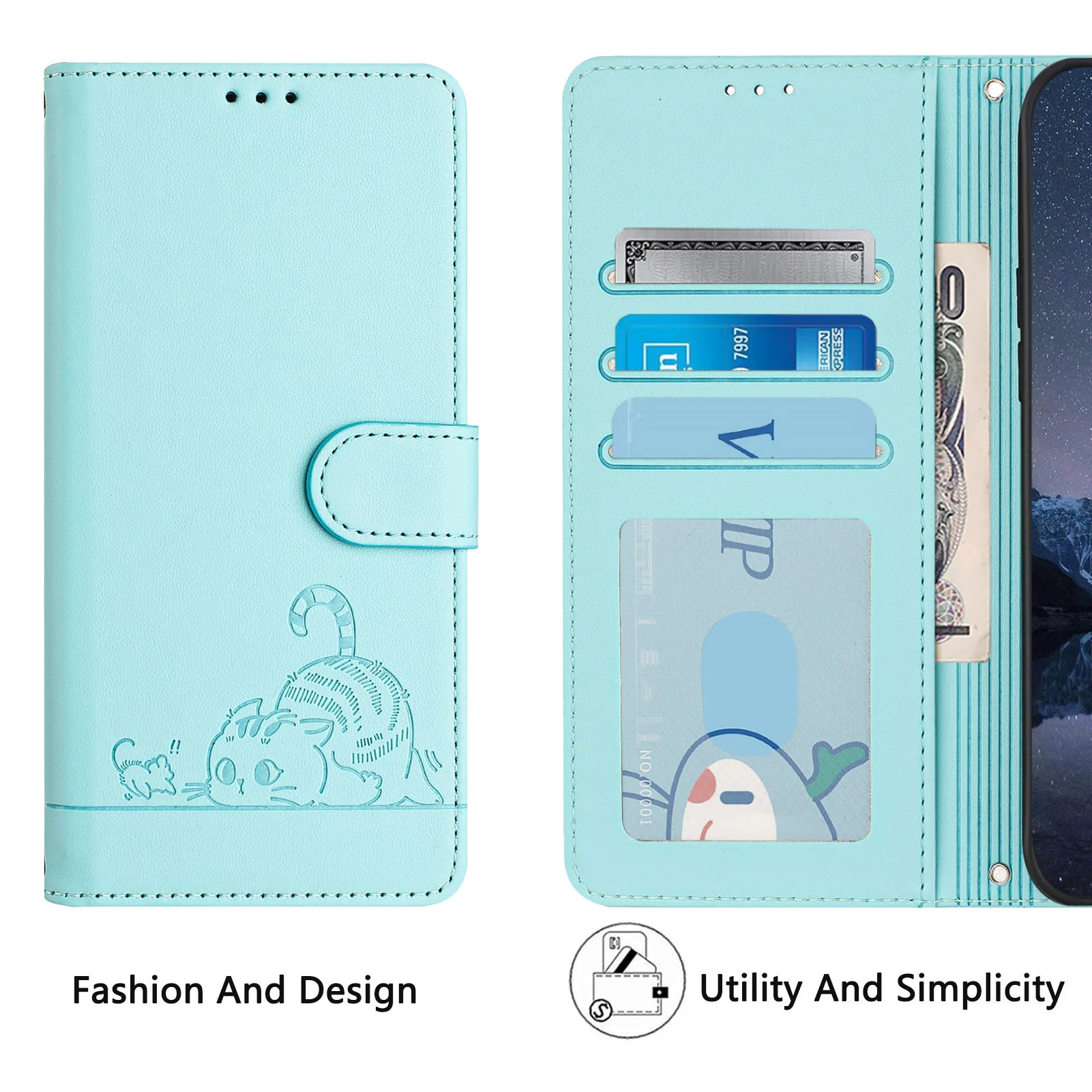 Cat Design Leather Phone Case Wallet with Wrist Strap and Flip Cover