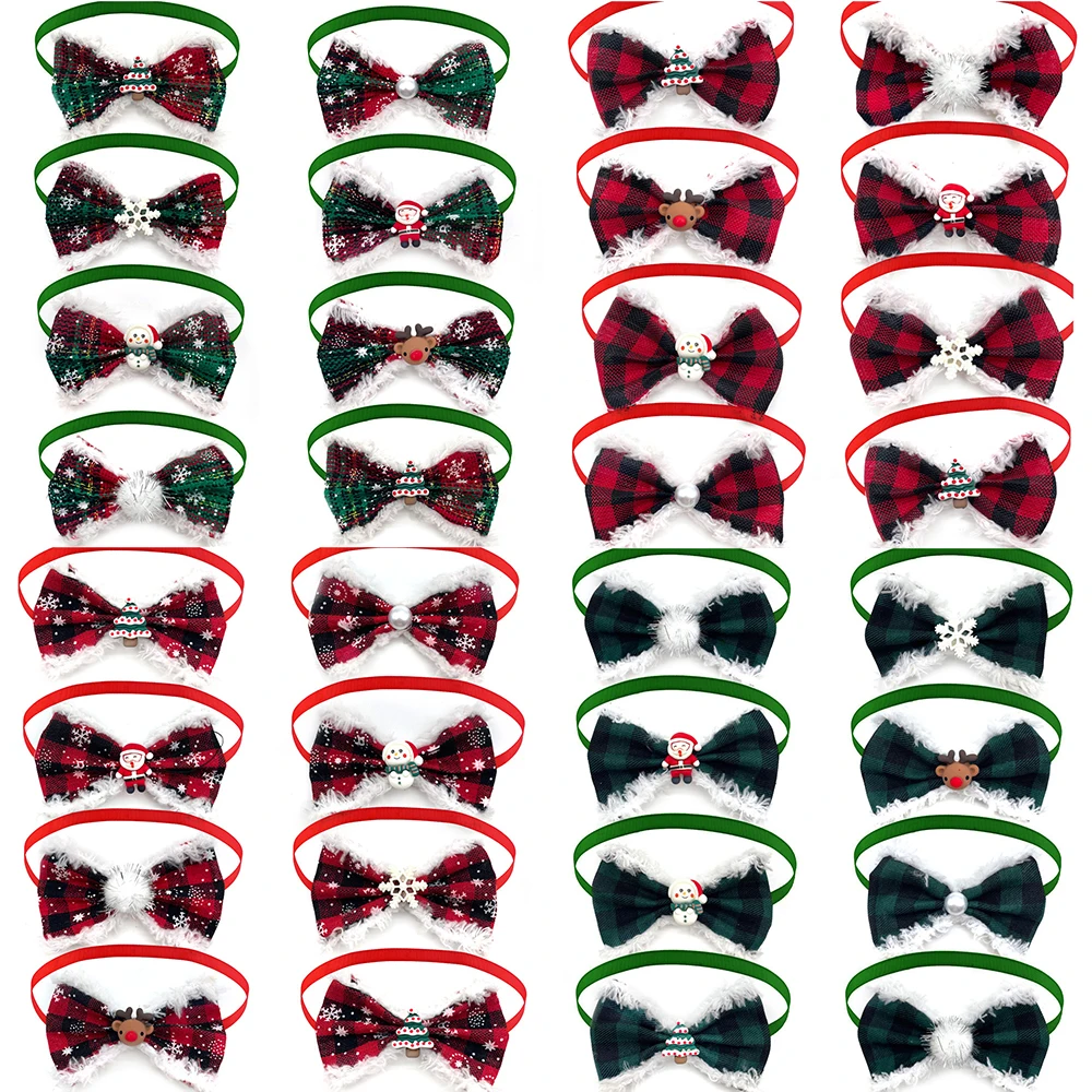 30/50pcs Christmas Dog Bow Ties Snowman Style A Fuzzy Bow Tie Dog Collar Neckties Small Dogs Ties Dog Grooming Accessories