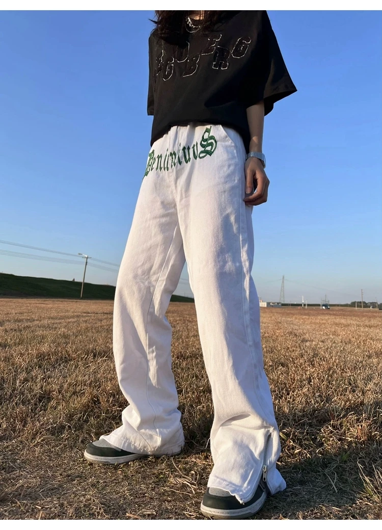 men's casual pants not jeans High Street Ankle Zipper Letter Embroidery Straight Casual Trousers Men and Women Ripped Washed Streetwear Loose Oversized Pants big and tall casual pants