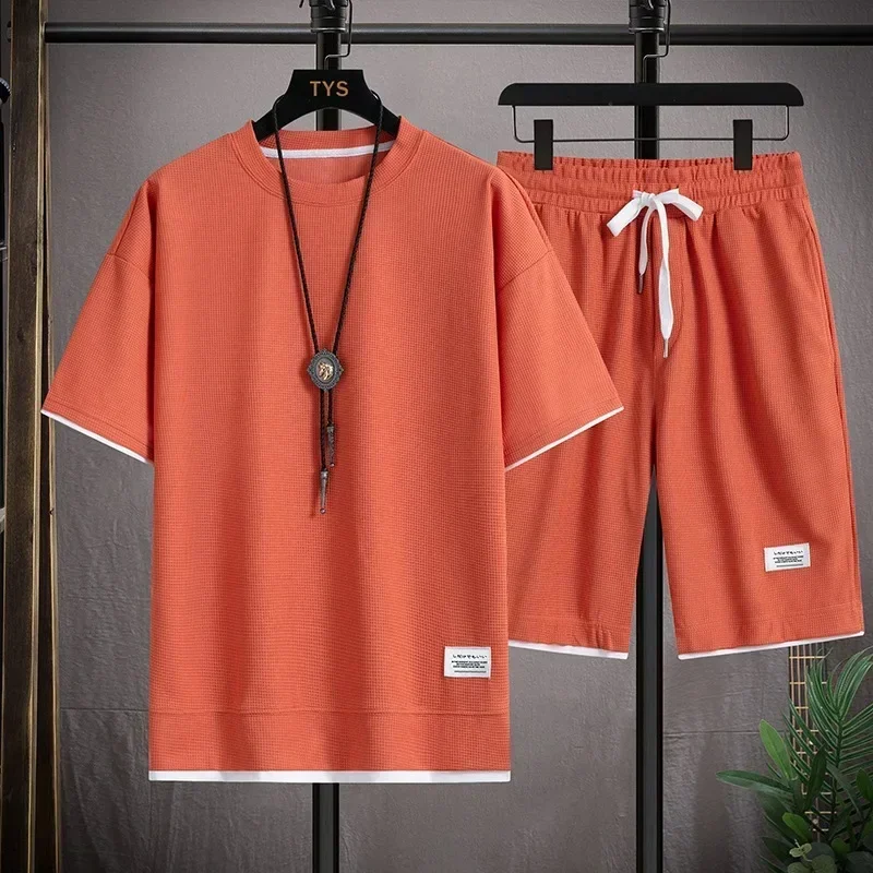 2024 new summer Waffle collar short-sleeved men's tracksuit + T-shirt shorts 2-piece solid color casual style streetwear