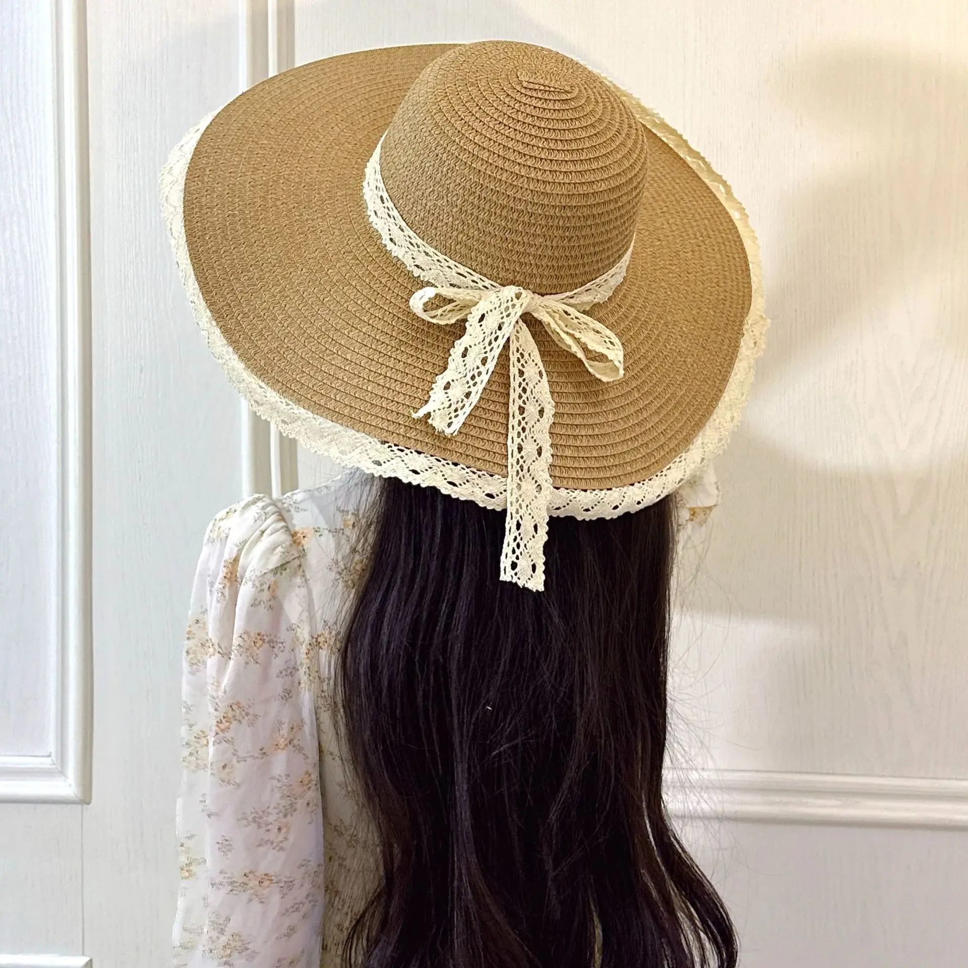 Summer Foldable Lace Edge Straw Hat for Women's Handwoven Cute Bow Sunshade Hat for Vacation Beach Hat