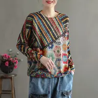 Vintage Ethnic Style Sping Autumn Sweaters Women O-Neck Striped Printing Patchwork Fashion Long Sleeve Pullovers Knitted Tops 1