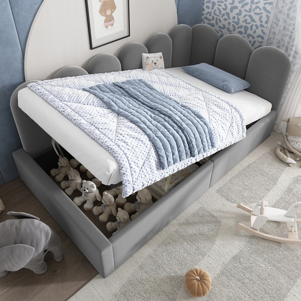 Biege Polsterbett, Tagesbett, Schlafsofa mit hydraulischer Stauraum, Kinderbett mit Metallgitter, Samtbeige (ohne Matratze) – Detail 6
