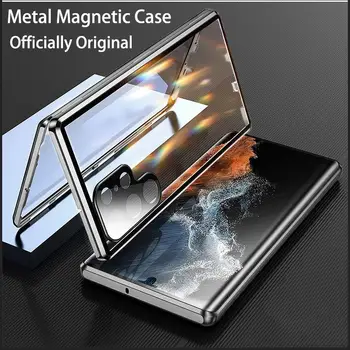 삼성 S23 S24 S22 S21 울트라 플러스용 금속 마그네틱 케이스, 360 ° 풀 클로즈 서라운드, 스크린 유리 카메라 보호 커버