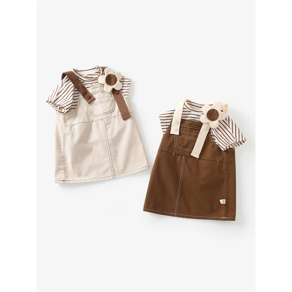 

1-8 Years Old Children Dress Sets Soft Cotton Striped Loose Shirt+Contrast Color A-Line Suspender Skirt 2Pcs Girls Clothing Suit