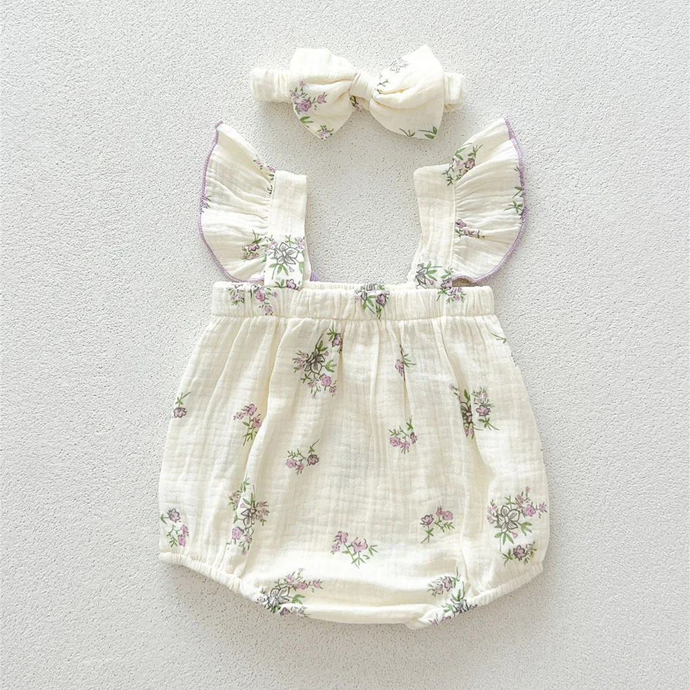 Summer Baby Girls Linen Bodysuit Floral Print One Piece