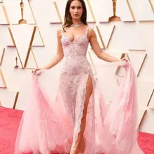  V-neck  Prom Dress Lace Dress Long Evening Dresses Plus Size Floral Print Dress Baby Pink Celebrity Dress Elegant Dresses Woman 