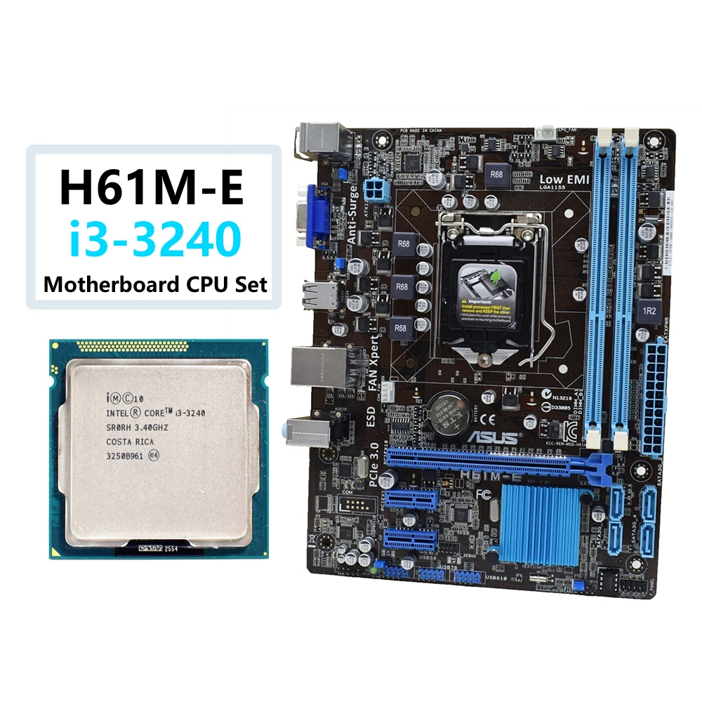 

H61 Motherboard Set 100% Original H61M-E i3 3240 CPU LGA1155 For Intel H61 Desktop Mainboard PCI-E X16 Systemboard VGA Used