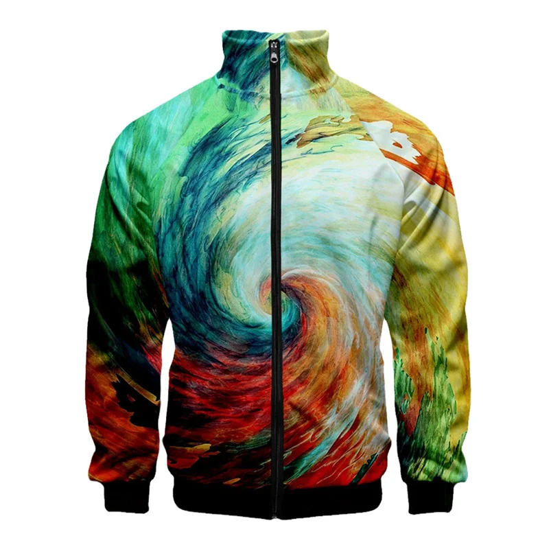 Chaqueta con cuello alto y estampado 3D de espirales de colores, abrigo de moda para primavera y otoño, chaquetas de gran tamaño con cremallera, ropa de abrigo para hombre