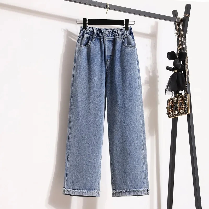 Wide Leg Denim Pants For Women Elastic Waist Cuffs Casual Ankle-Length Baggy Jeans 2024 Spring Autumn Straight Ankle-Length Pant