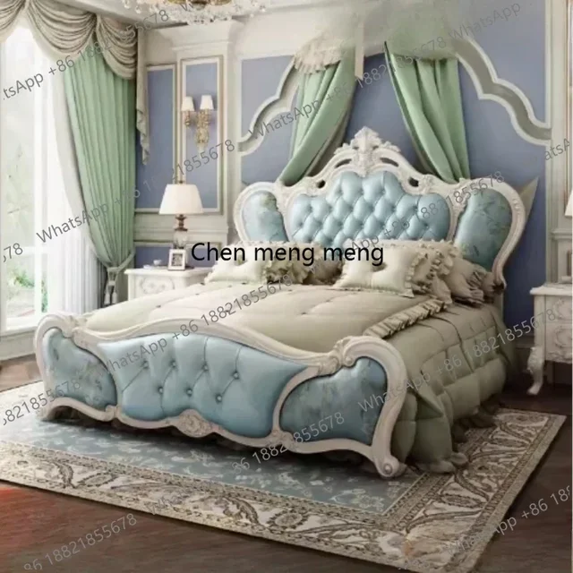 D80 Simple Headboard Double Bed Wood European King Size Living Room Double Bed Princess Modern Cama Matrimonial Bedroom Furnitur 3