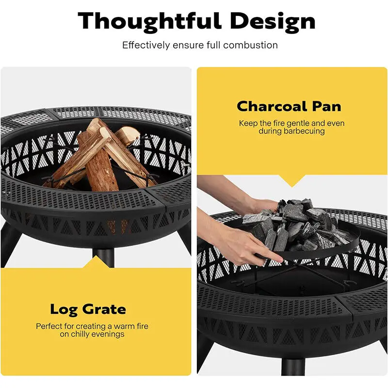35'' Fire Pit w/ Cooking Grill Grate, Charcoal Pan & Cover Wood Burning Firepits