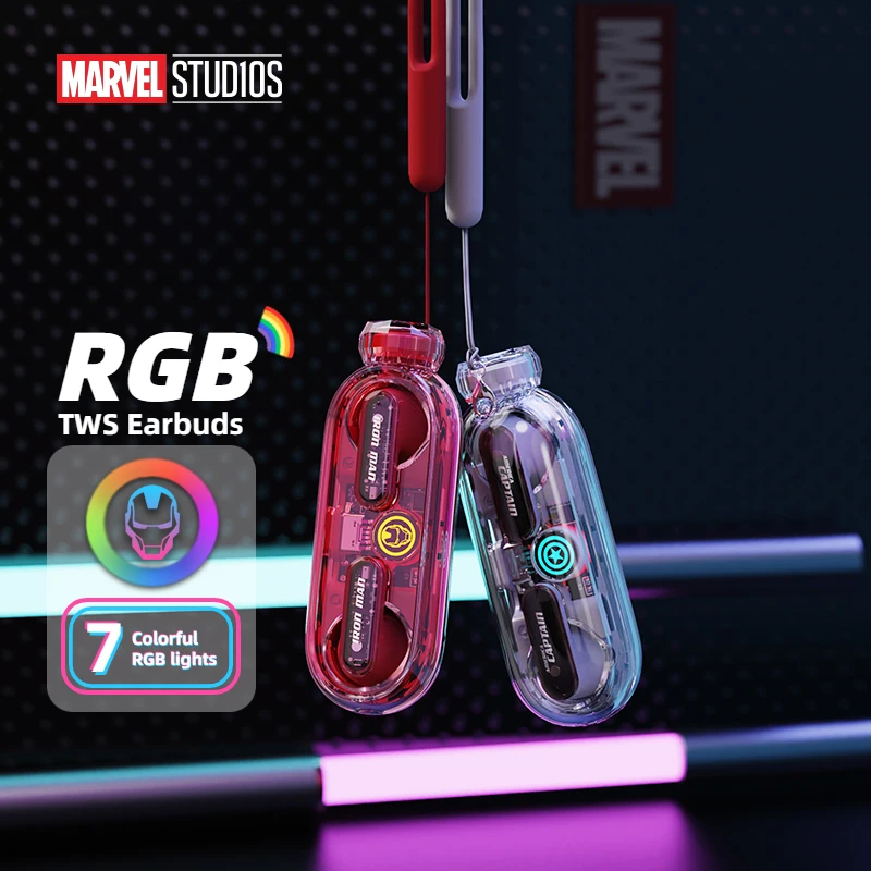 

Disney Marvel Rotatable Iron Man TWS Earphones RGB Lights Bluetooth 5.3 Headphones HiFi Stereo Wireless Gaming Earbuds with Mic