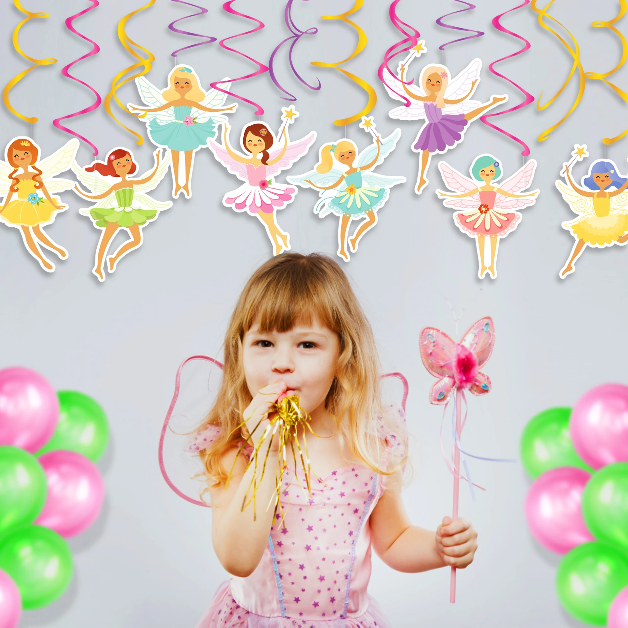 

30pcs Cartoon Fairies Elfin Hanging Spiral Pendant Girls Birthday Party Room Backdrop Wall Ceiling Swirl Baby Shower Party Decor