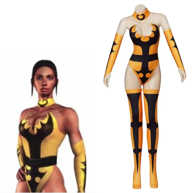 

Game Mortal Kombat X Tanya Cosplay Kobu Jutsu Costume Yellow Jumpsuit Combat Suit Sexy Bodysuit with Gloves Stockings Party Suit