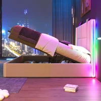 Двуспальная кровать с мягкой обивкой, 180х200 см, кровать для хранения вещей, каркас кровати, основание с деревянными решетками, бежевый льняной материал (матрас в комплект не входит) — изображение 2