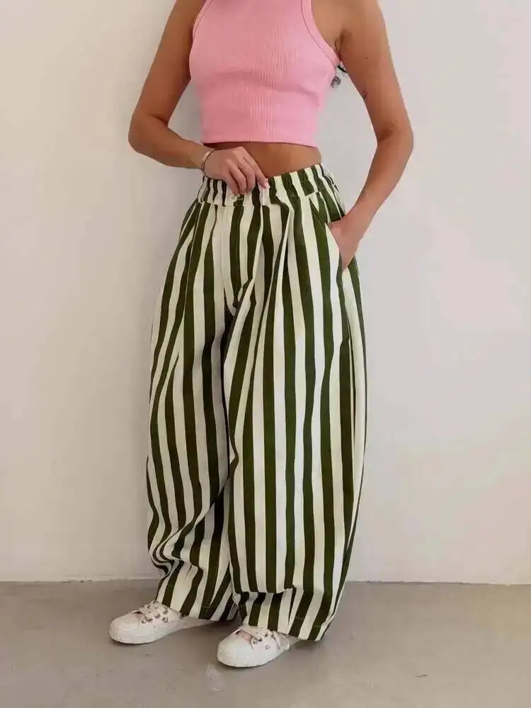 LGRQ Office Lady Casual Trousers Elastic High Waisted Striped Fashionable Wide Leg Pants 2026 Summer New Women's 19DB1959