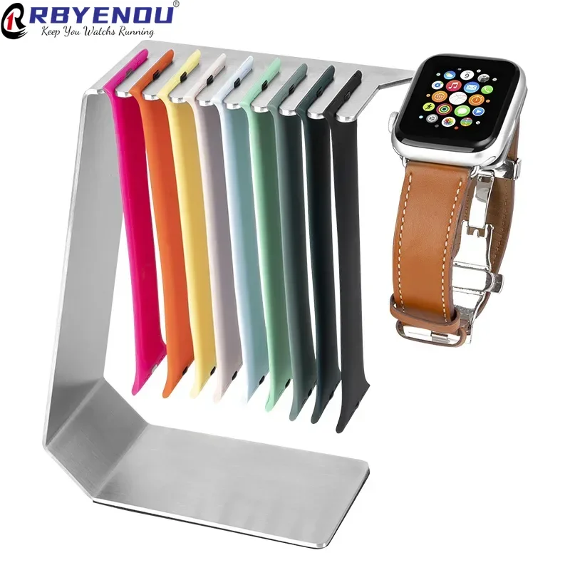 Premium Metal Apple Watch Stand with Storage Strap for Organization Smart Watch Charging Bracket Easy Replace Strap Space Saving