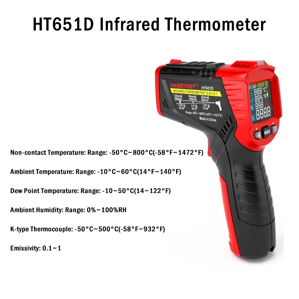 Infrared Thermometer HABOTEST HT651D Non Contact -50 to 550 Degree Detector Laser Tester Meter Hand Tool