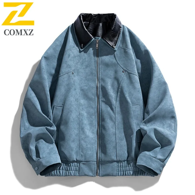 Men Vintage Baseball Jacket Biker Style PU Leather Coat Washed Effect Notch Lapel Loose Fit Water-Resistant Windproof Streetwear