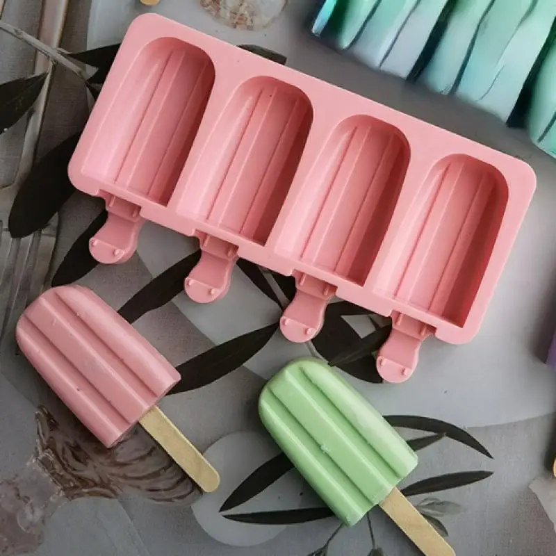 Silicone 4 Cavity Oval Double Grooved Ice Cream Mould Creative Simple Striped Ice Tray Jelly Pudding Soap Mousse Cake Mold Gifts