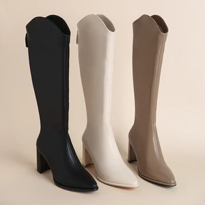 Женские сапоги на молнии, простые осенне-зимние сапоги до колена на толстом высоком каблуке, размеры 34-43