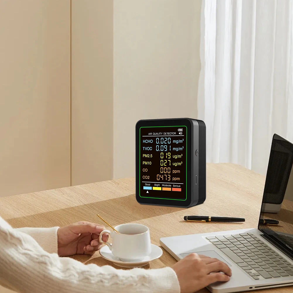 6-in-1 Air Quality Monitor Portable Temperature Humidity Detectors Real-Time Omaldehyde TVOC PM2.5/10 Carbon Dioxide CO Tester