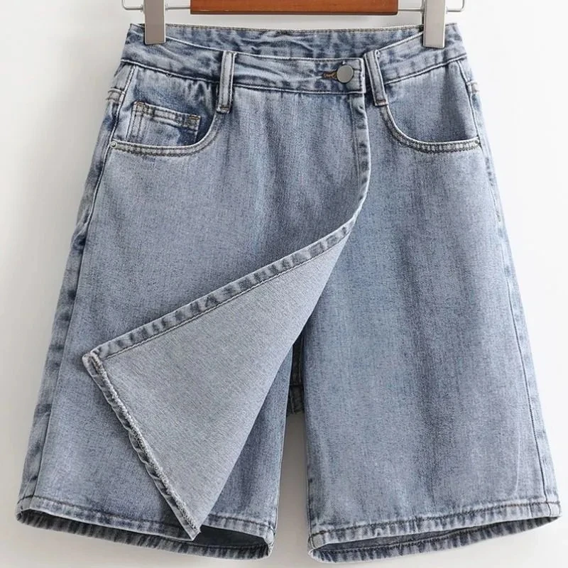 Shorts Skirts Women Summer High-Waisted Denim Short Korean Fashion Versatile Solid Baggy Large Size Blue Straight Wide-Leg Pants