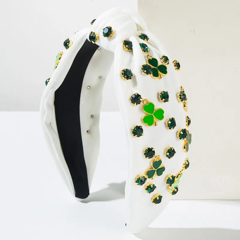 Women Irish Knotted Headbands Lucky Shamrock Rhinestone Wide Hair Hoop Cross Knot Non Slip Turban Hoops