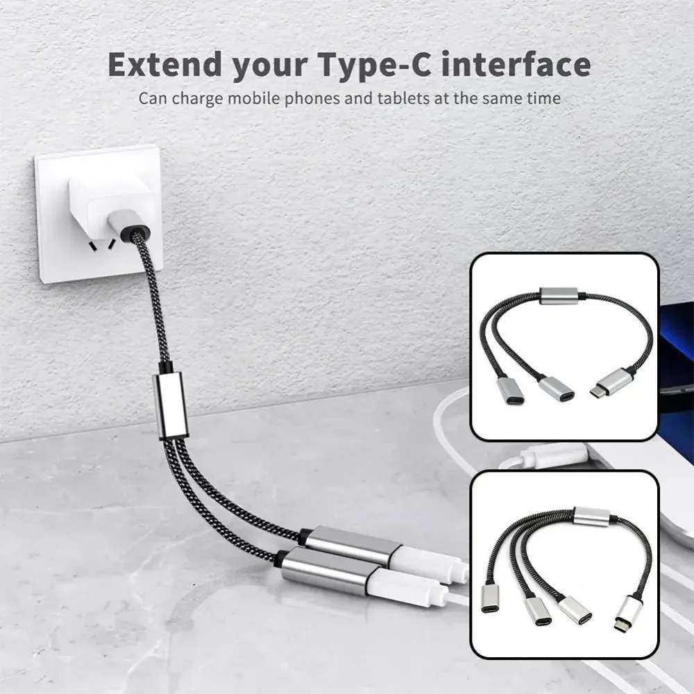 3 in 1 Type C Male To Double USB C Female Splitter Portable USB Y Splitter Cable Type C Hub For U Disk Gaming Handle PD Devices