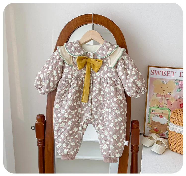 Cekcya Baby Mädchen Baumwolle Jacke Winter Koreanische Plüsch Verdickt Infant Mädchen Overall Floral Knotbow Warme Kleinkind Mädchen Schnee Getragen – Detail 6